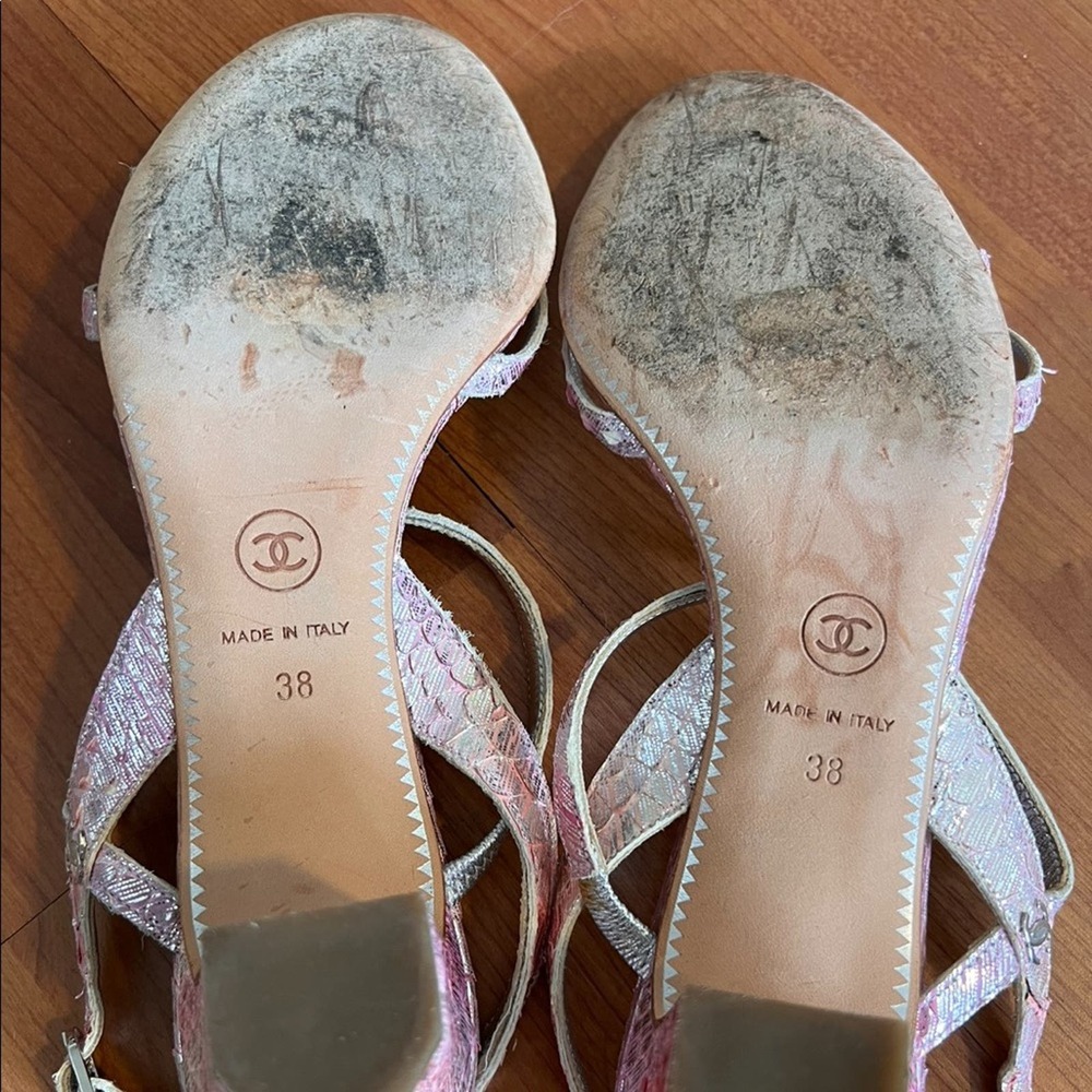 Chanel Multi-color Metallic Open Toe Snakeskin Slingback Silver Sandals Size 38 - Picture 9 of 15